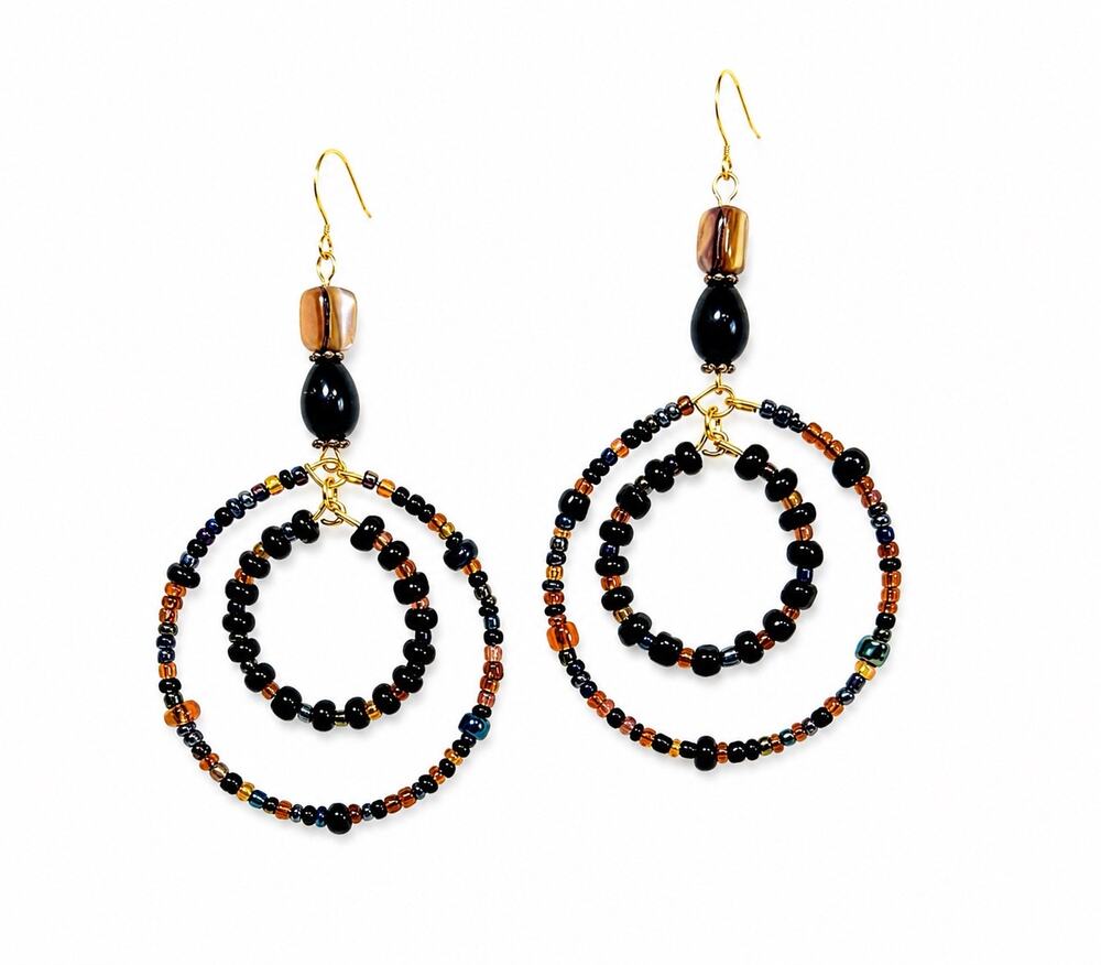 Hippie style Double Hoop Black Gold Glass beaded Shell accent Earrings 2.5 in